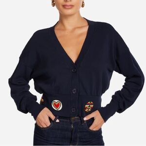 Lauren Moshi Cardigan Sweater CAMAS HIPPIE Peace Love PATCHES Size Small NWT